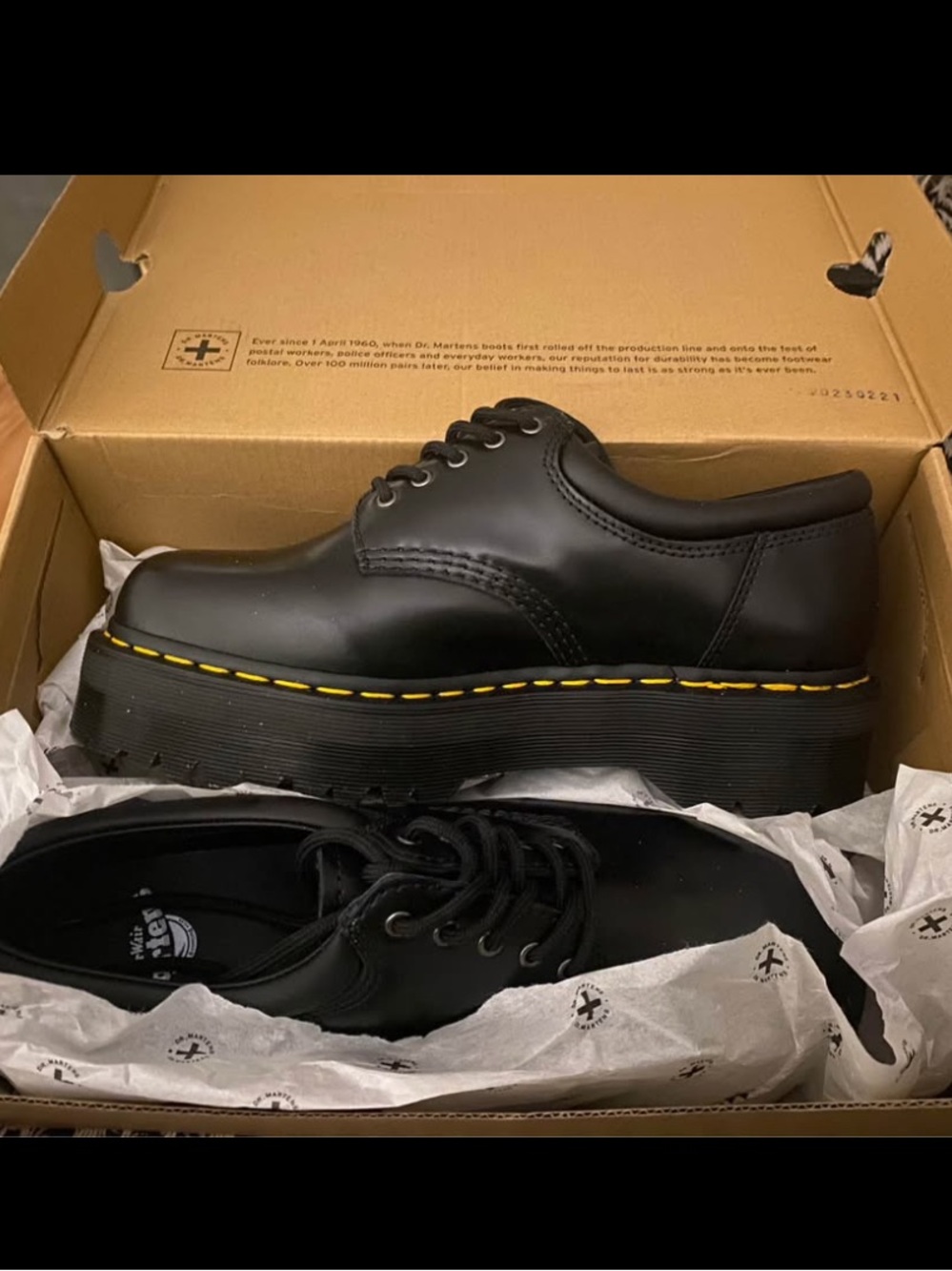 Dr. Martens Black Platform 5-Eye Shoe with Yellow Stitching